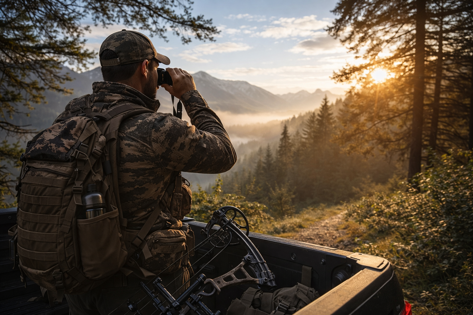 hunter using binoculars to analyze mountain terrain during sunrise before hunting