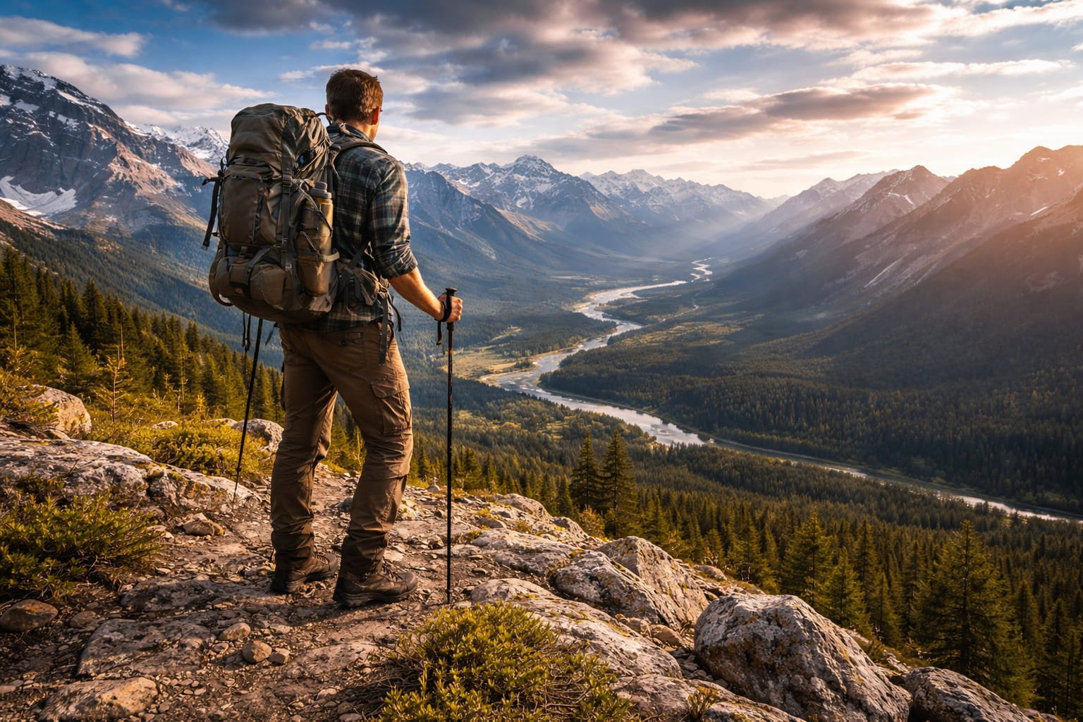 Mountain Hiking Adventure Hiker with backpack overlooking mountain valley and river during outdoor adventure
