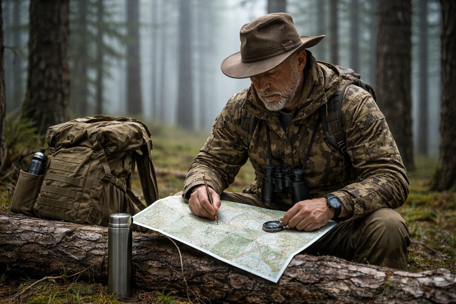 hunter studying map and compass in forest planning hunting route