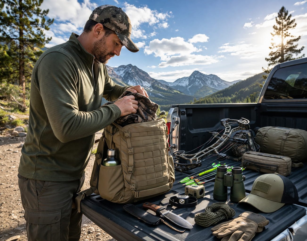 hunter packing hunting gear outdoors with backpack and compound bow in mountain landscape under blue sky