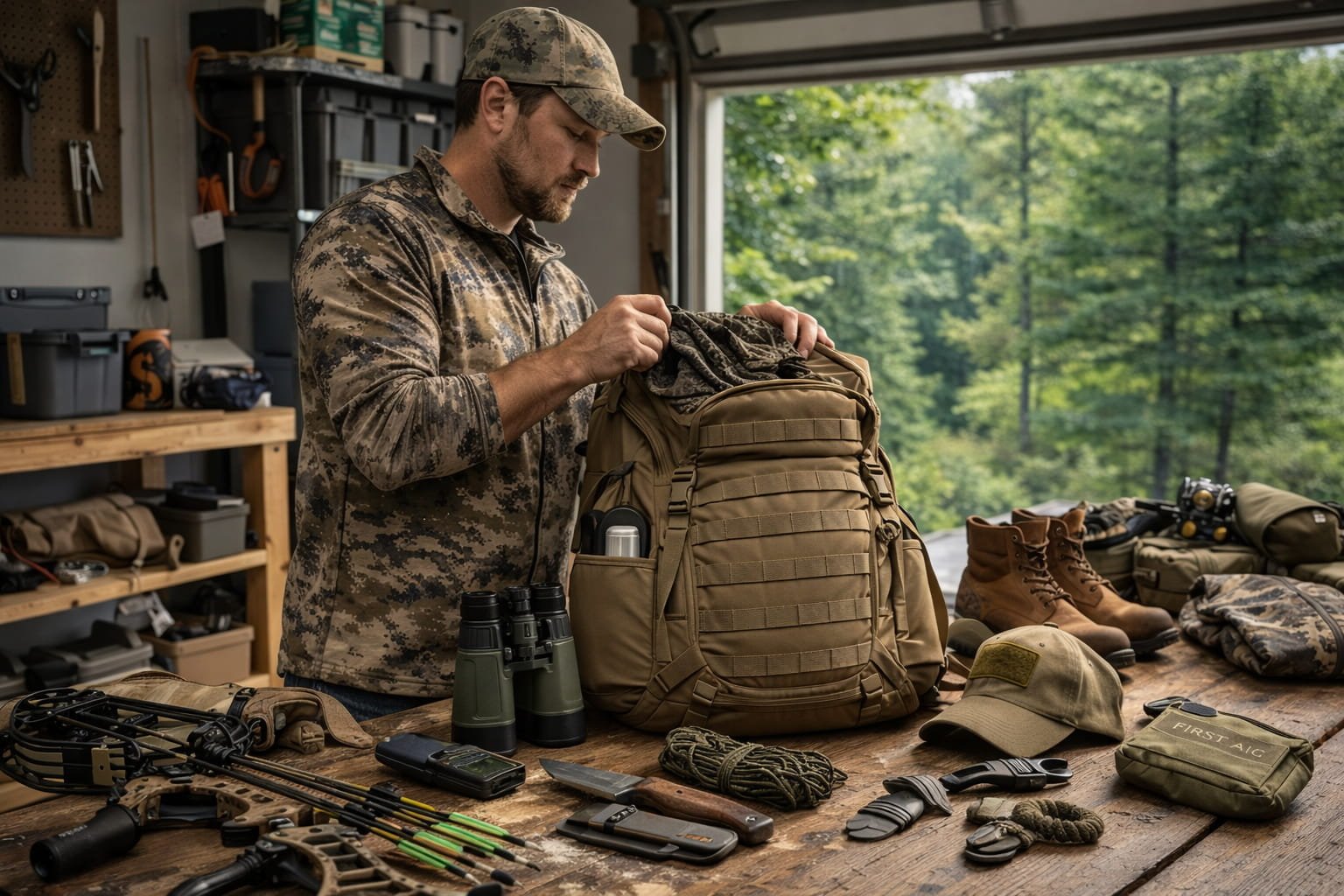 Hunter preparing gear for a field expedition