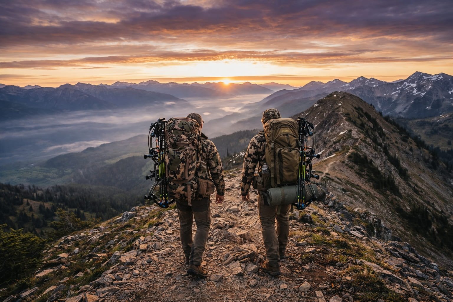mountain hunting expedition hikers with bow gear