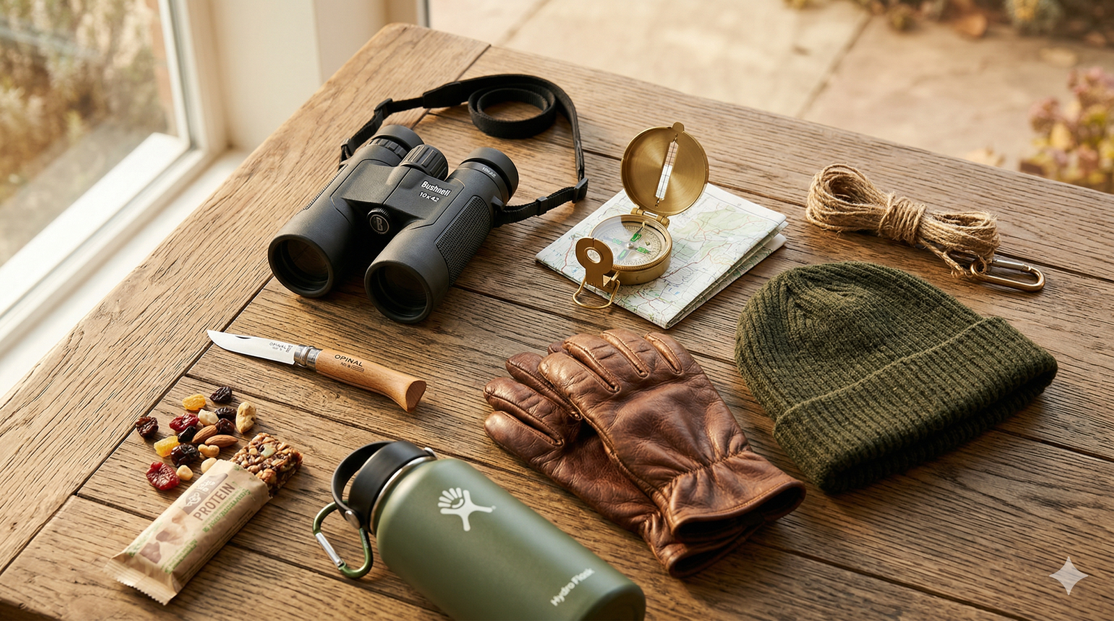 Essential hunting and camping gear flat lay — binoculars compass gloves and trail essentials