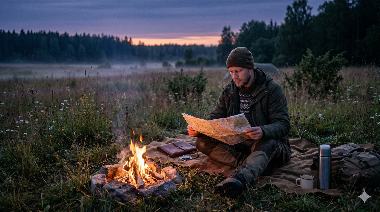 <br />
Hunter examining map by campfire at dusk — outdoor hunting preparation gear