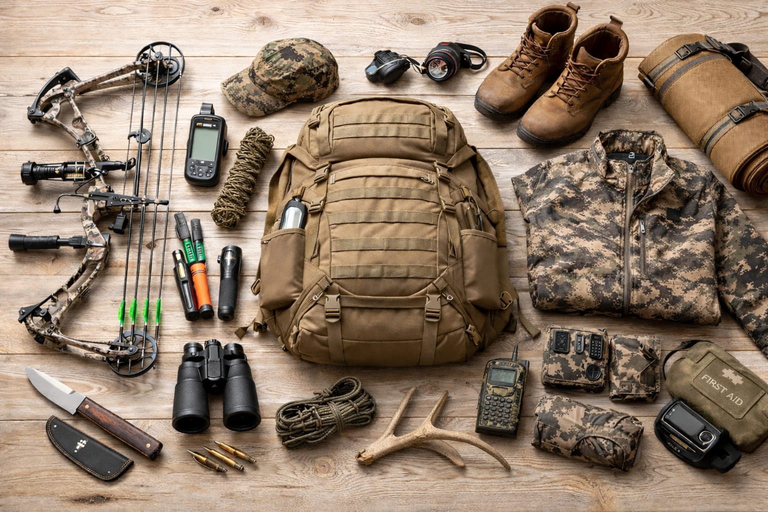 affordable hunting gear setup with backpack bow binoculars and outdoor essentials on wooden surface