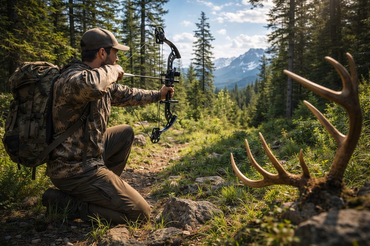 Bow Hunting in the Wild – Precision and Patience Outdoors hunter with bow in forest during outdoor hunting activity in mountain environment