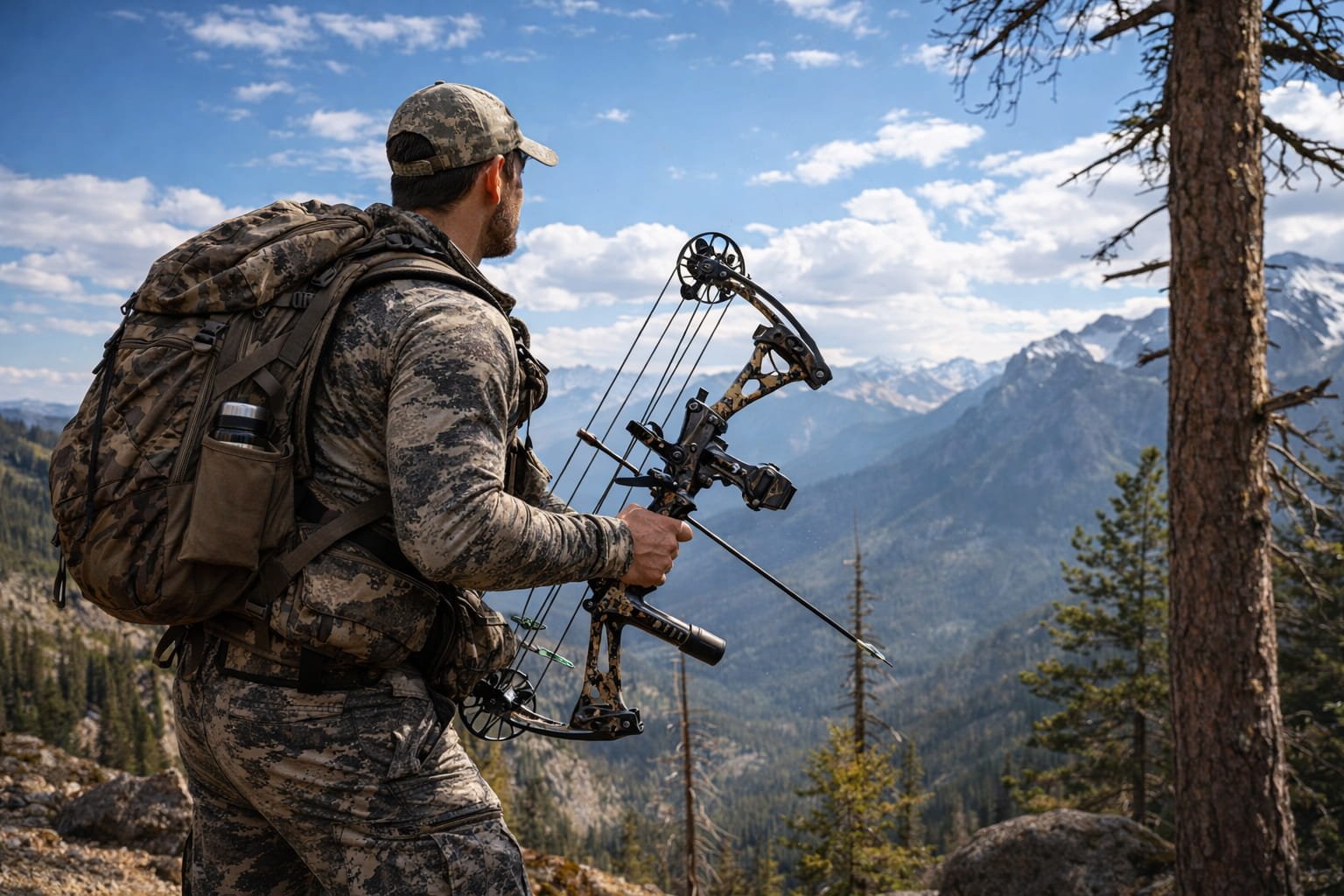 bow hunter with compound bow in mountain landscape under blue sky