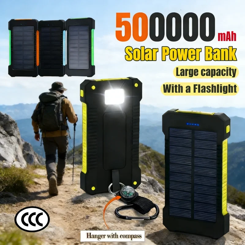 500000mAh Waterproof Outdoor Solar Power Bank Dual USB Travel Portable Solar Charger SOS Flashlight for iPhone Xiaomi Huawei