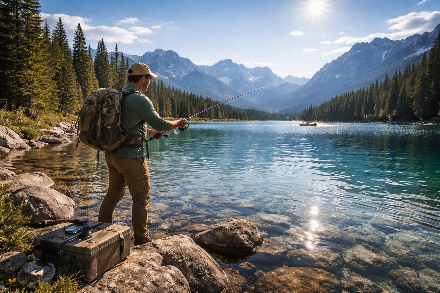 Fishing in a Mountain Lake Man fishing in a clear alpine lake surrounded by mountains and forest under blue sky