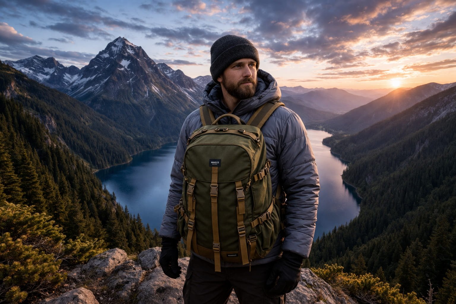 Hiker at mountain lake sunset