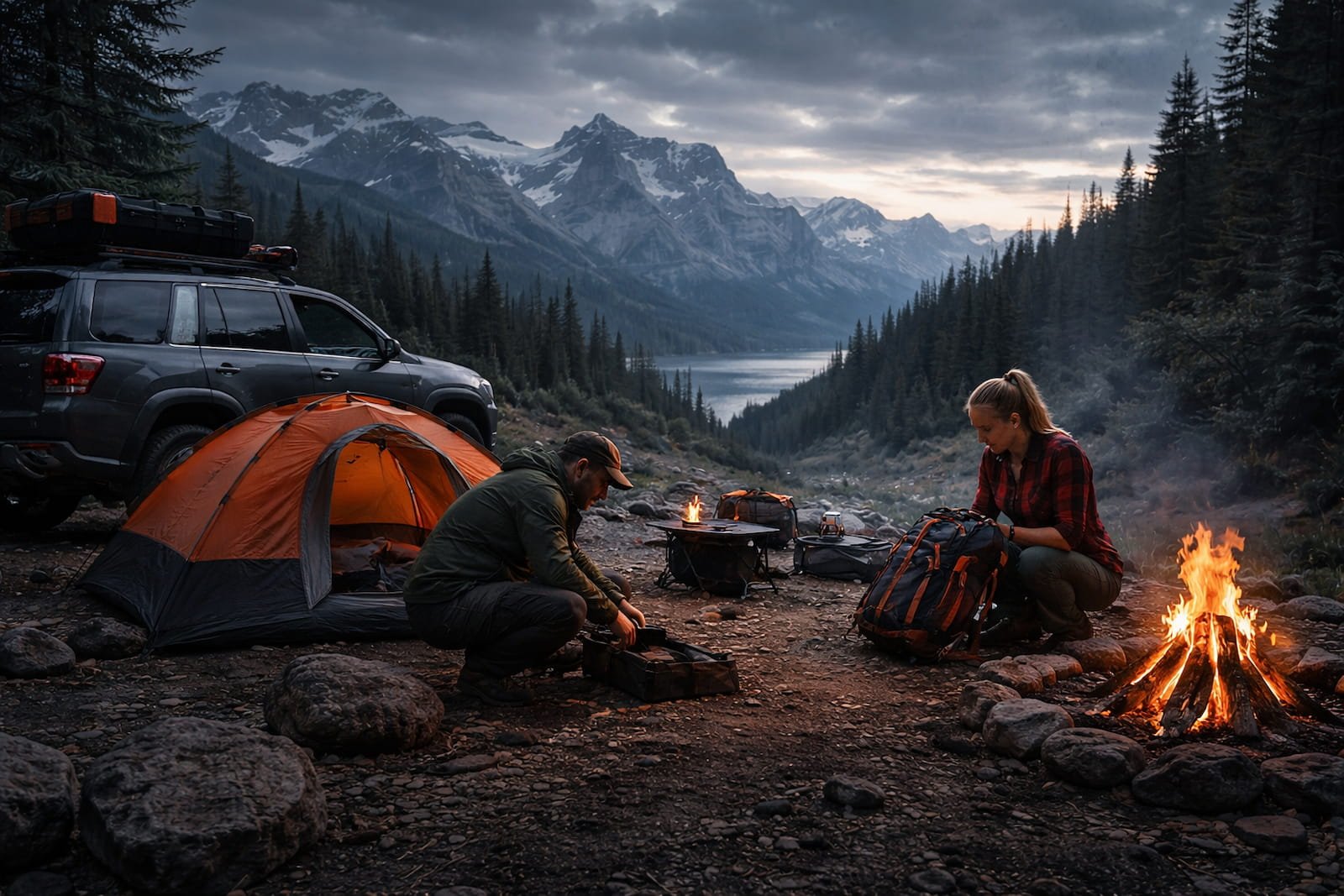 Outdoor camping adventure with off-road vehicle, tent and gear in mountain landscape at sunset