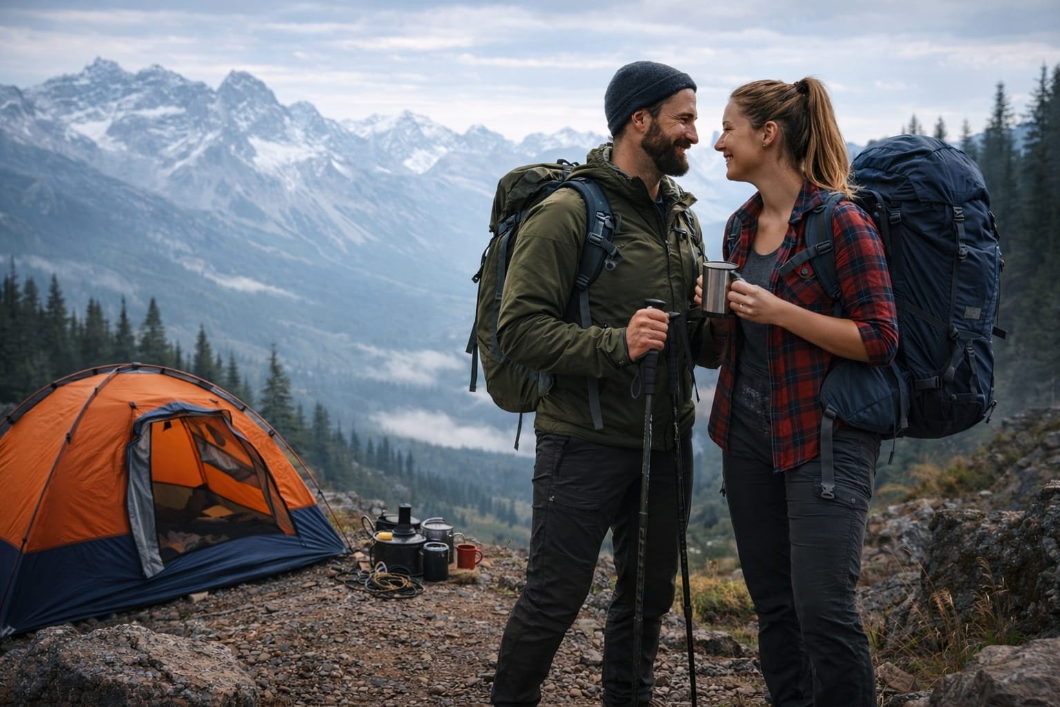 Couple camping in mountains
