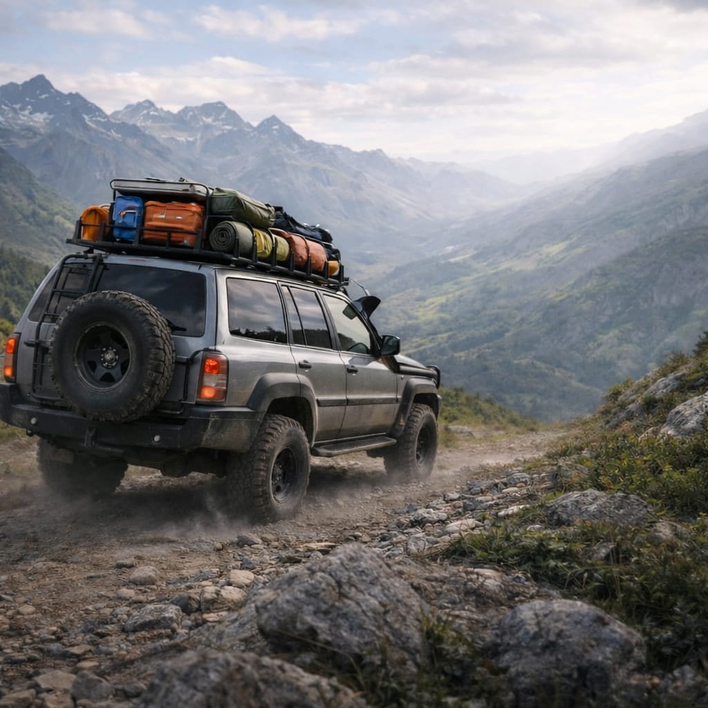 Off-road 4x4 vehicle with roof rack gear driving through mountain trail with outdoor equipment loaded on top