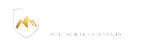 Outdoor Tested – Built For The Elements Outdoor tested badge with shield and mountain icon representing durability in outdoor conditions