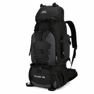Black 90L waterproof hiking backpack for camping and trekking