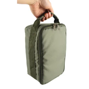 Fishing tackle storage bag in green with zippered opening