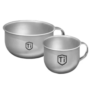Lightweight titanium camping mug set on white background