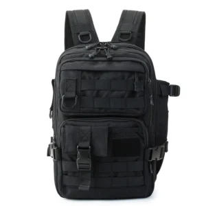 Fishing tackle backpack with rod holder on white background