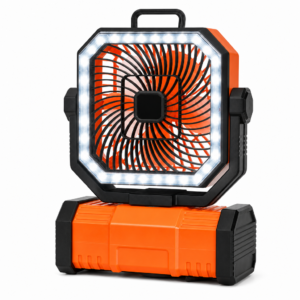 Rechargeable camping fan with LED lantern on white background