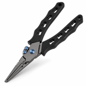 Stainless steel fishing pliers with sheath and lanyard on white background