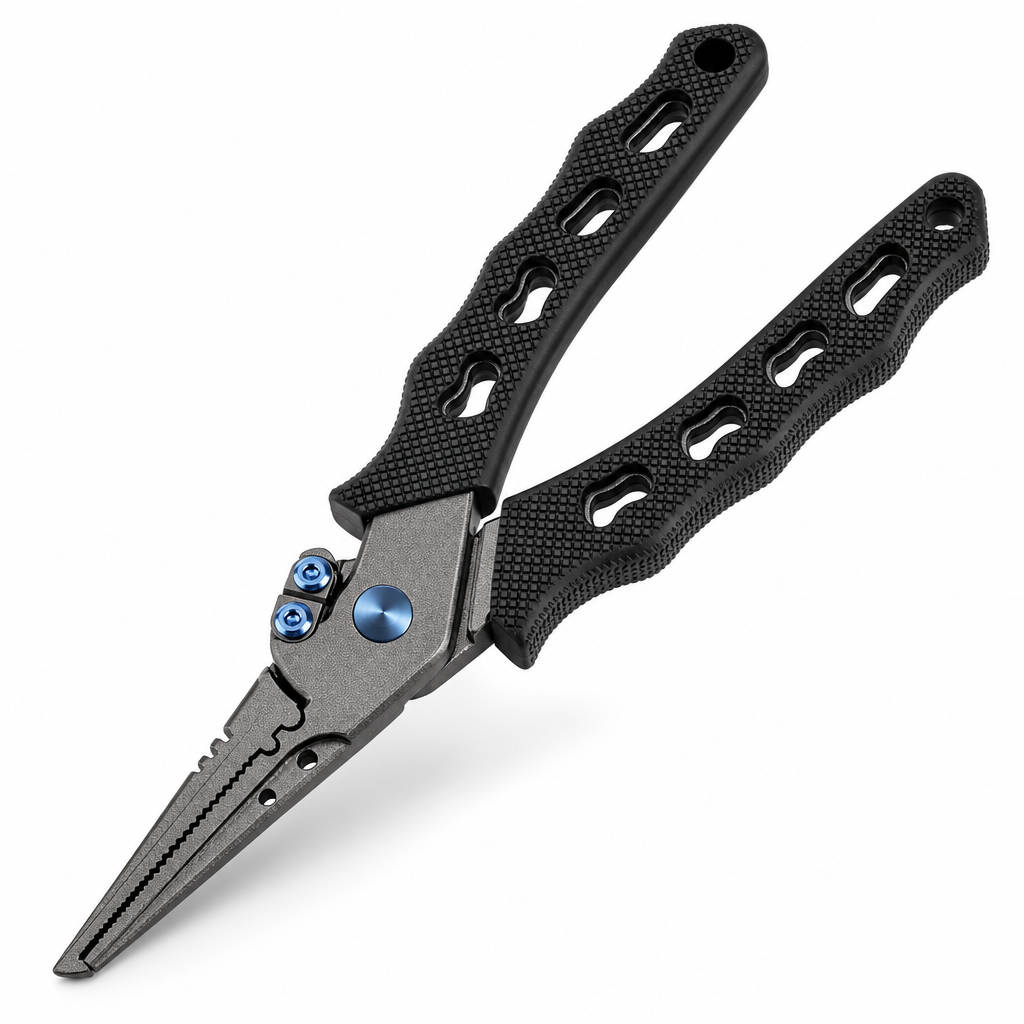 Stainless steel fishing pliers with sheath and lanyard on white background