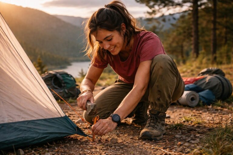 Camper kneeling to pitch a dome tent beside a river with a rolled sleeping mat at sunrise