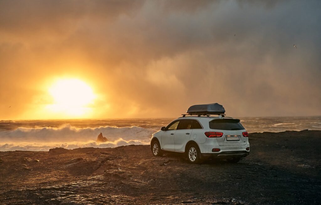 Overland vehicle at sunset