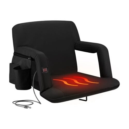 Black heated stadium seat with padded armrests, zip side pocket and USB power cable
