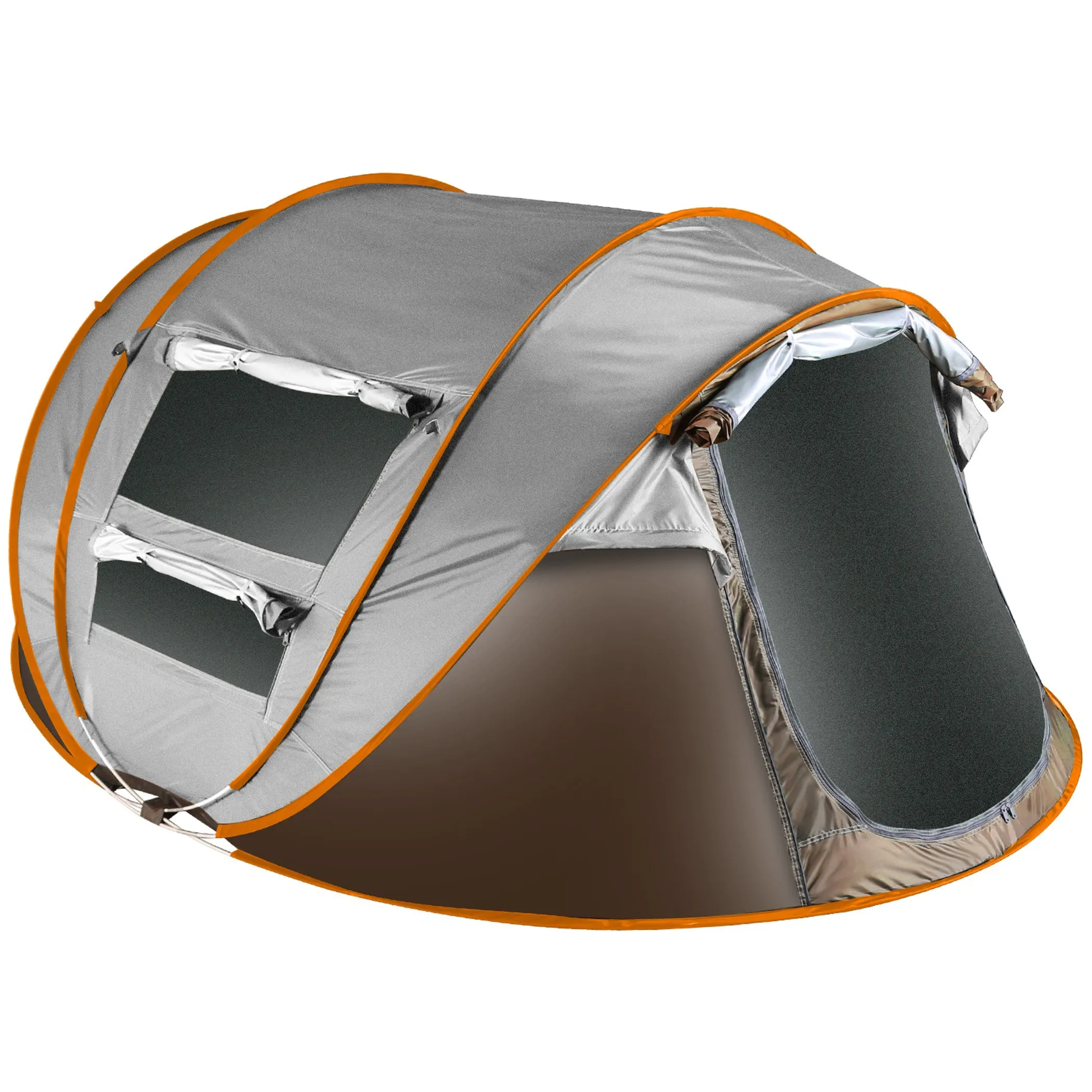 Khaki instant pop up tent with orange trim, mesh windows and a dual door standing open