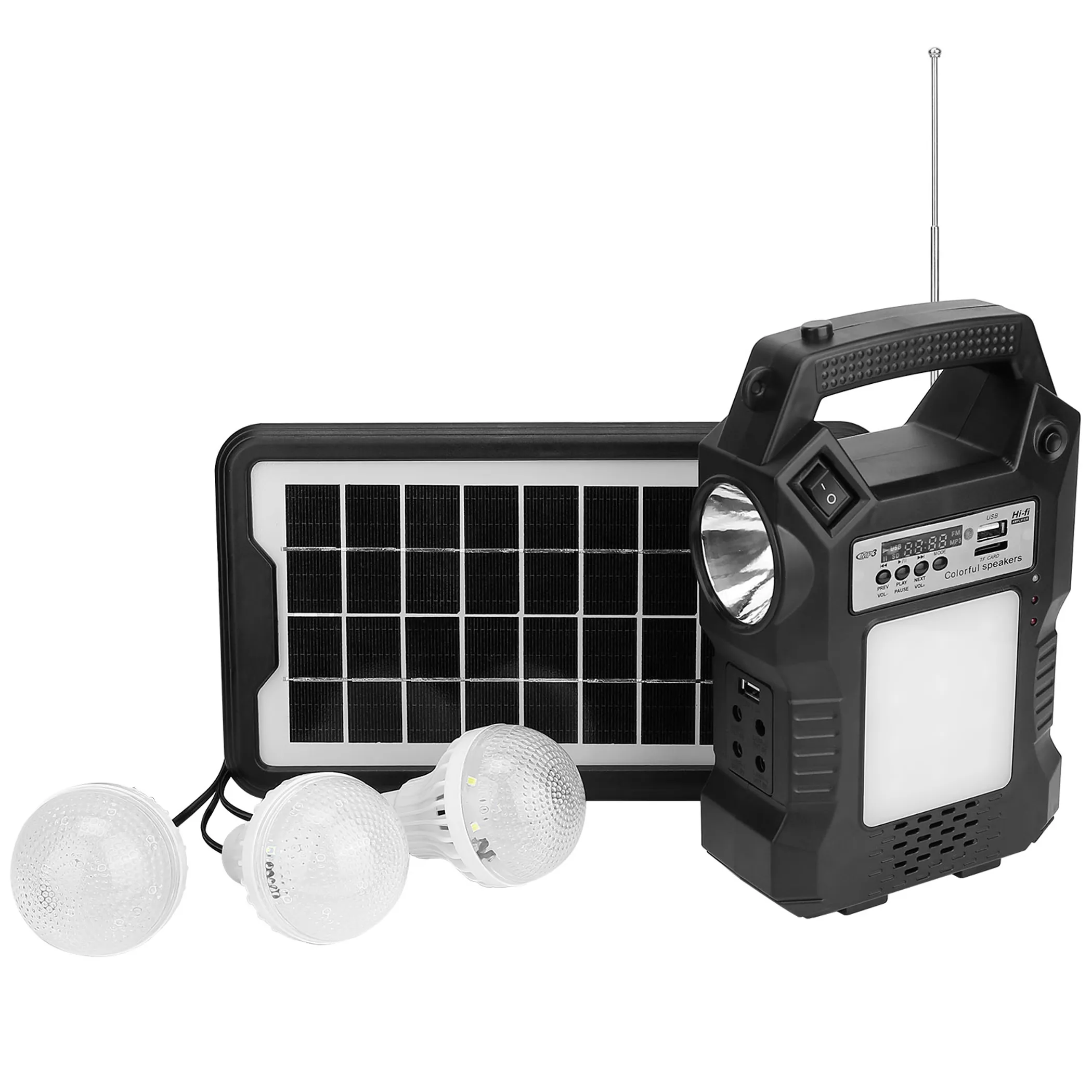 Portable solar power station with solar panel, flashlight and three hanging LED bulbs