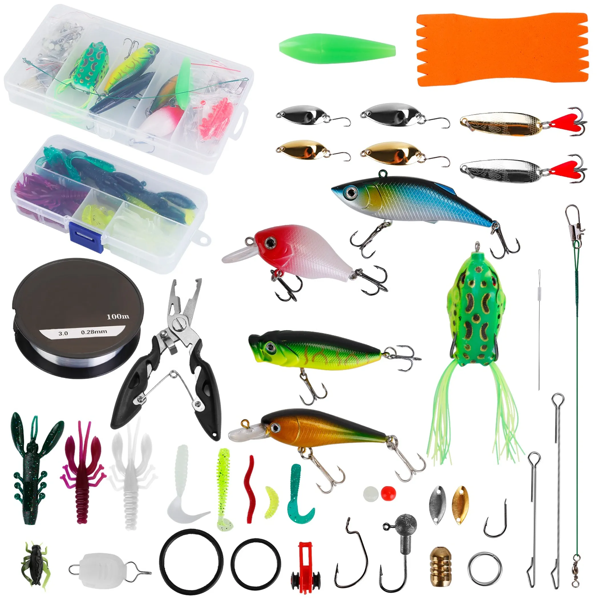 Fishing lures tackle box with 383 hard and soft lures in a compartmented case