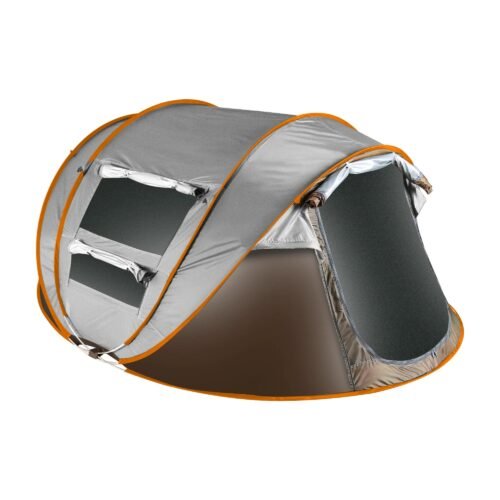 Khaki instant pop up tent with orange trim, mesh windows and a dual door standing open
