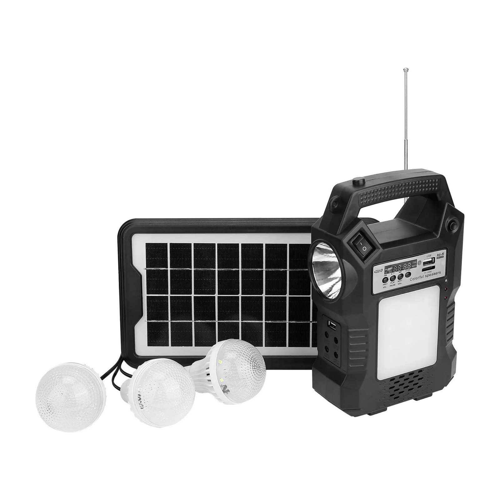 Portable solar power station with solar panel, flashlight and three hanging LED bulbs