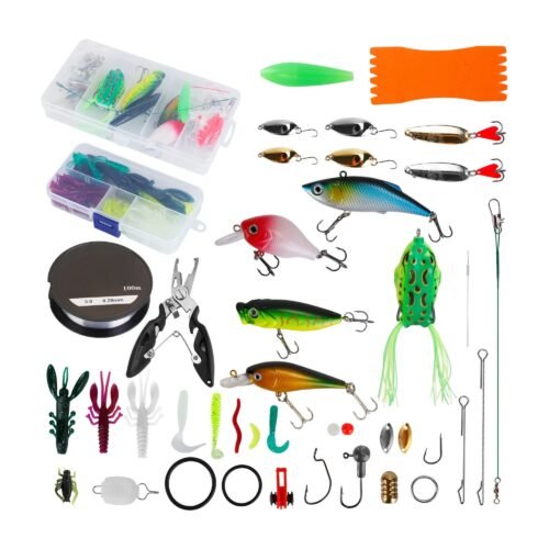 Fishing lures tackle box with 383 hard and soft lures in a compartmented case