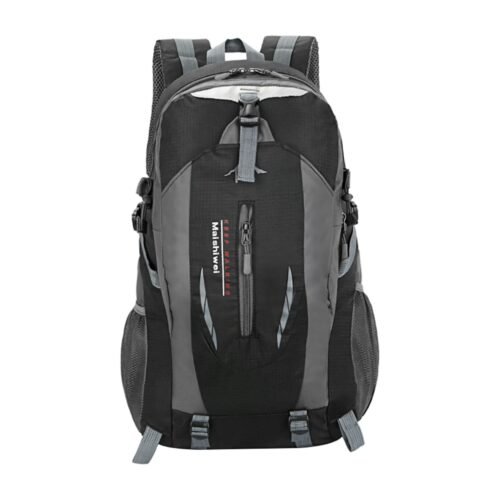 Hiking backpack in black water-resistant nylon with multiple compartments