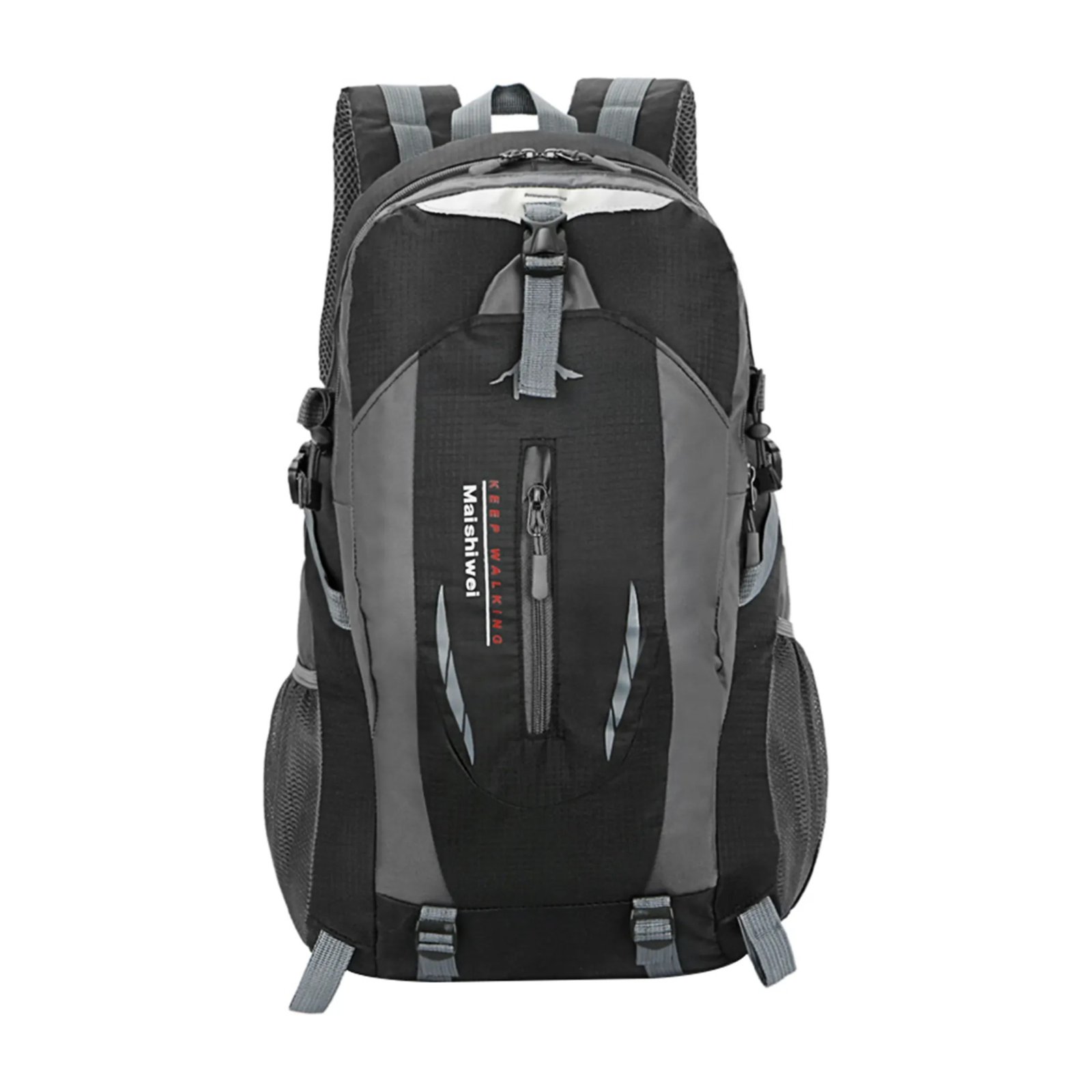 Hiking backpack in black water-resistant nylon with multiple compartments