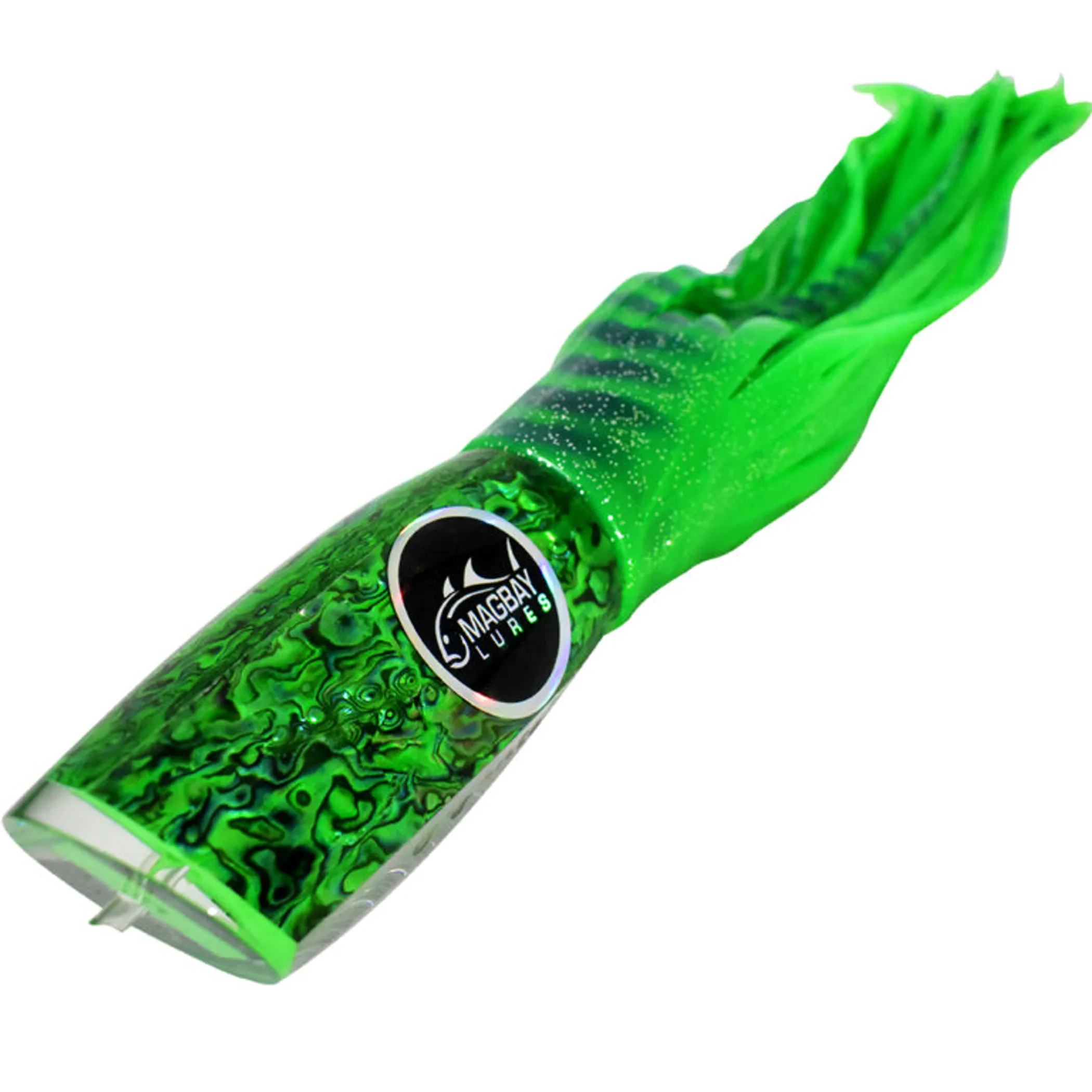 MagBay Gigante 18 inch heavy tackle plunger lure with abalone finish and skirt