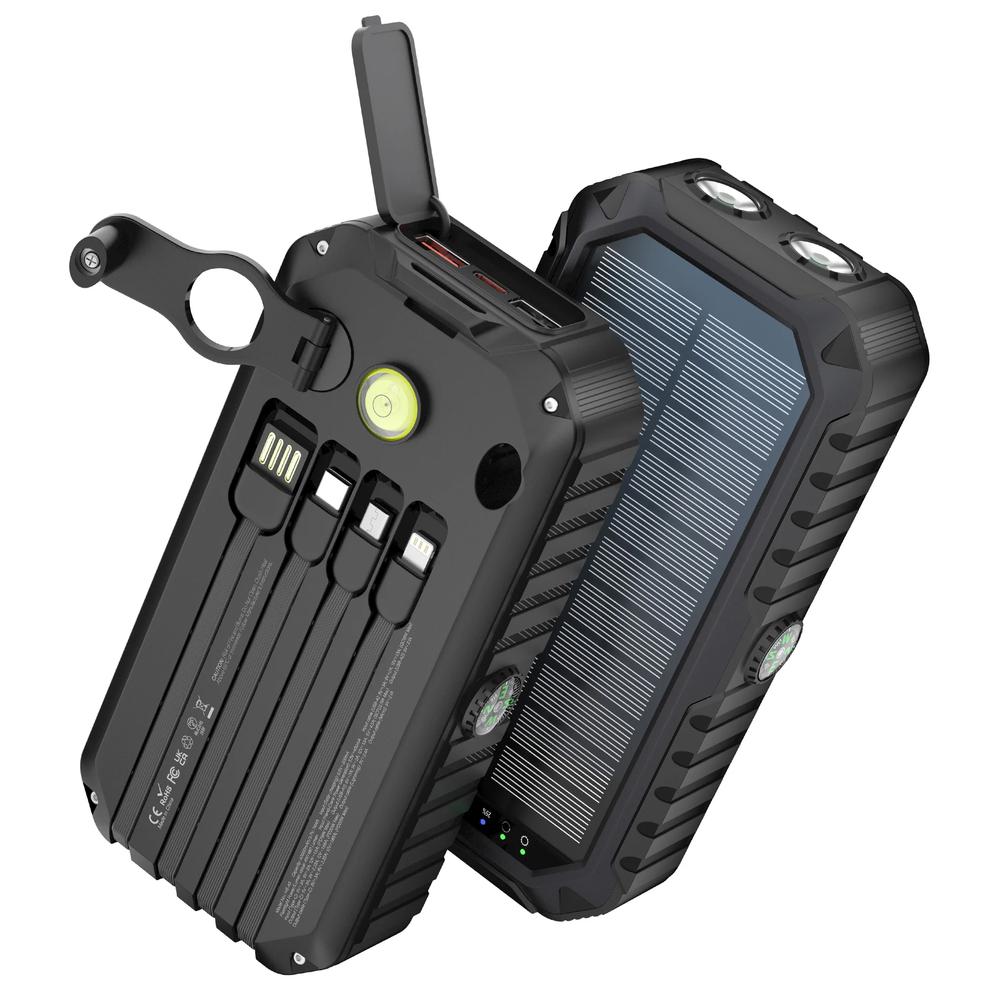 Overland power backup: a 40000mAh solar power bank with a hand crank and built-in cables