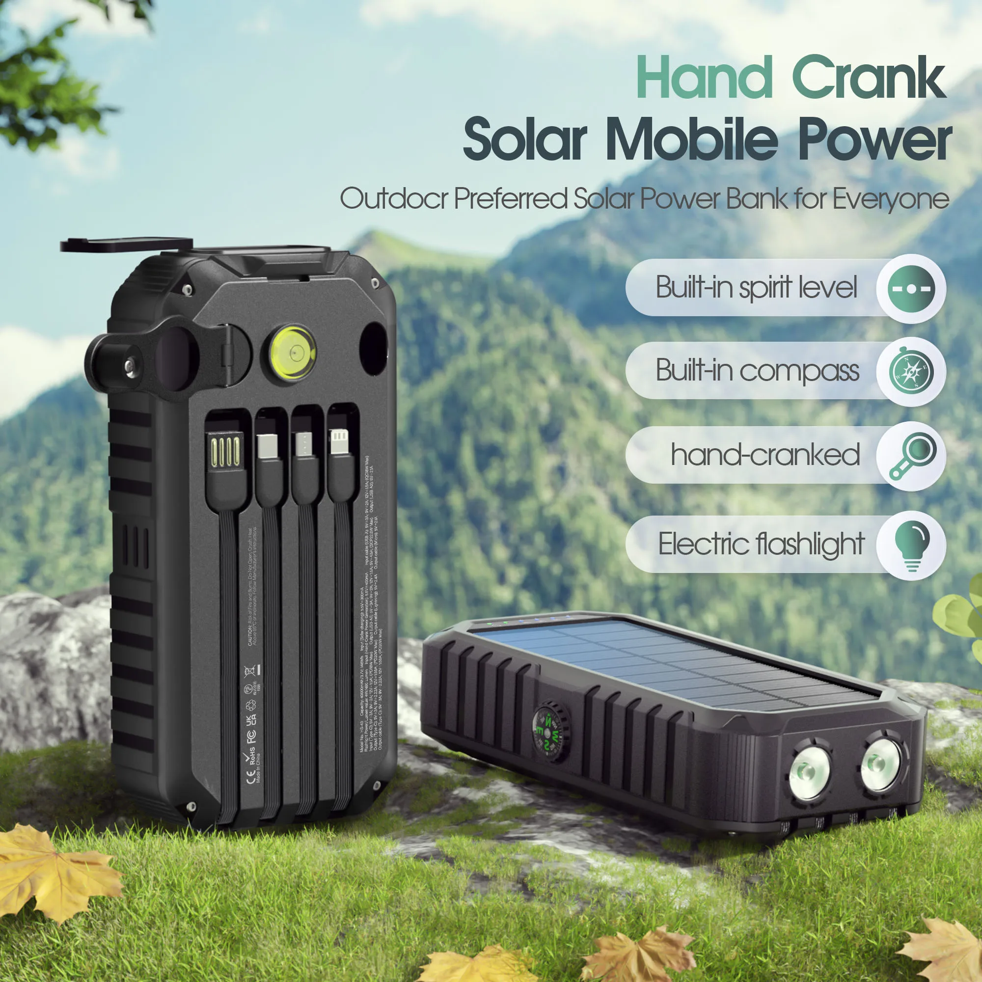 Solar Power Bank 40000mAh with Hand Crank and Built-in Cables - Image 2
