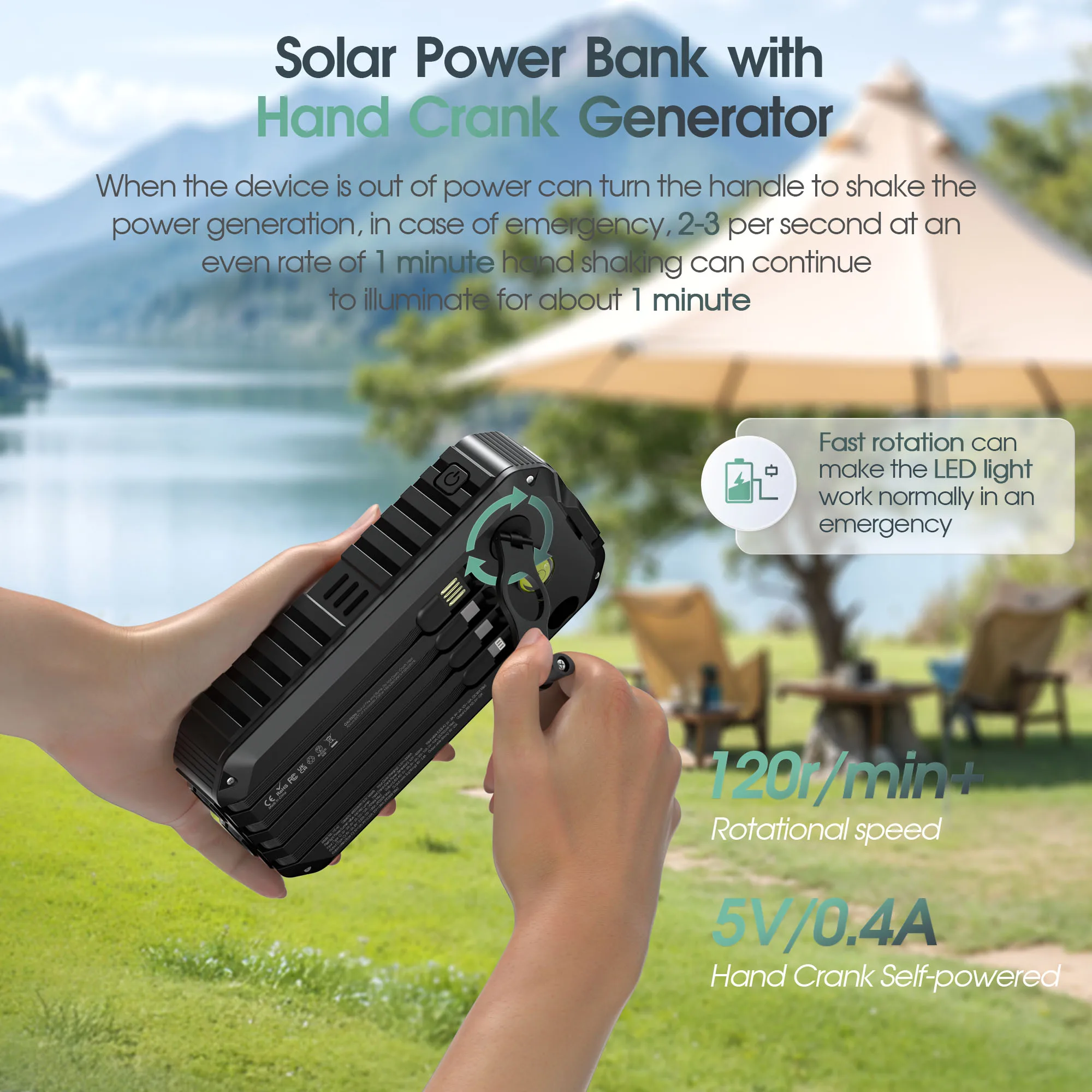 Solar Power Bank 40000mAh with Hand Crank and Built-in Cables - Image 3