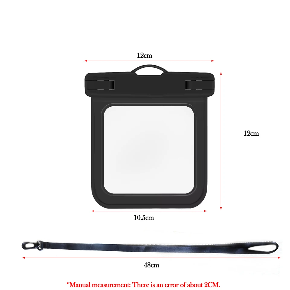 Waterproof dry bag measurements: 12 cm wide at the top, 10.5 cm at the base, 12 cm tall, with a 48 cm lanyard