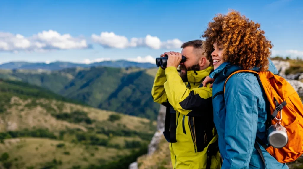 Two hikers using binoculars on a mountain ridge under a clear blue sky
