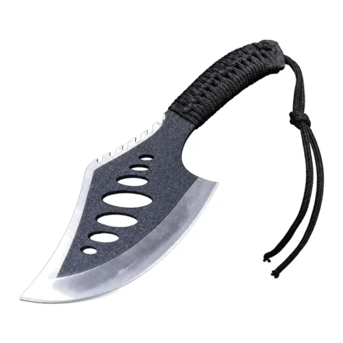 Portable camping axe with paracord handle and full tang stainless steel blade on a white background