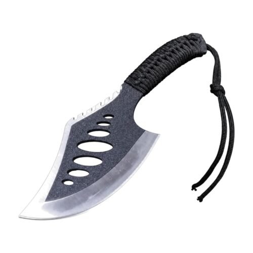 Portable camping axe with paracord handle and full tang stainless steel blade on a white background