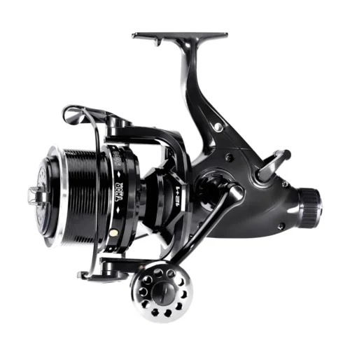 Carp spinning reel with 27 kg drag on a white background