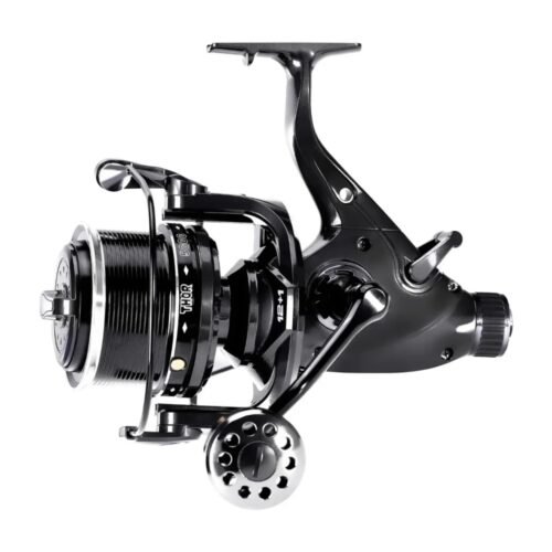 Carp spinning reel with 27 kg drag on a white background