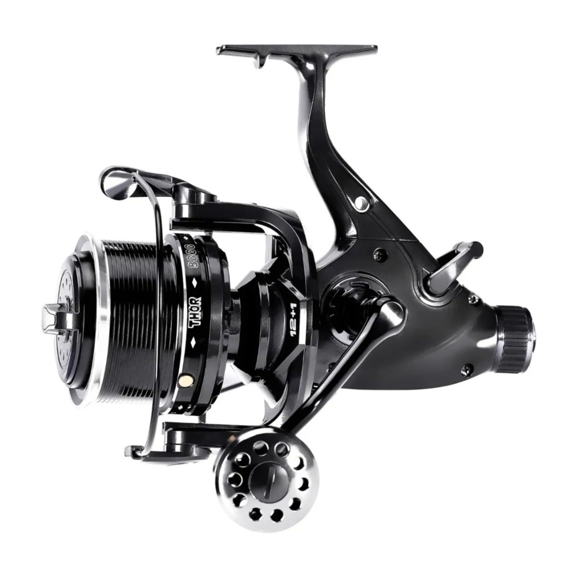 Carp spinning reel with 27 kg drag on a white background