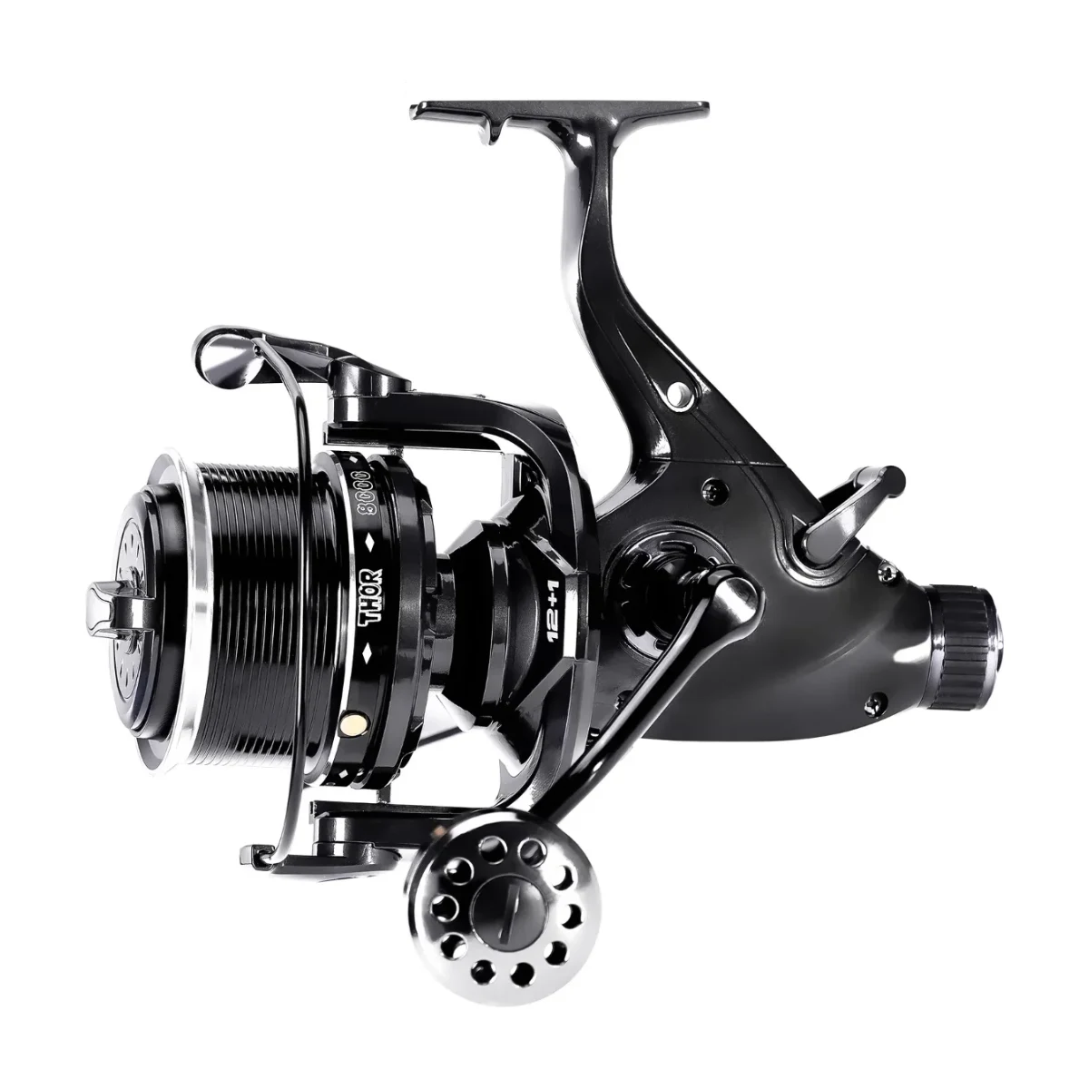 Carp spinning reel with 27 kg drag on a white background