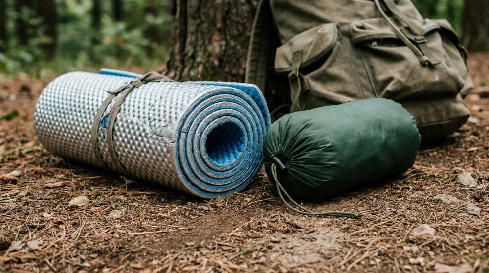 Rolled closed-cell foam sleeping pad beside an inflatable sleeping pad packed in its stuff sack, showing the difference in packed size