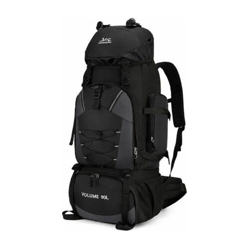 Black 90L waterproof hiking backpack on a white background